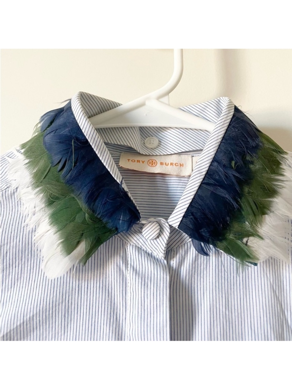 Tory Burch feather embellished collar stripe poplin shirt 0
